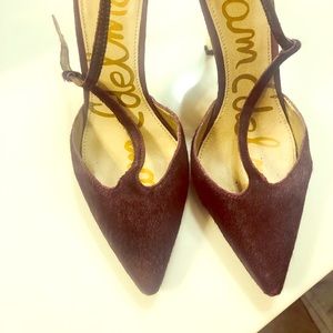 Calf hair burgundy gold heeled sandals